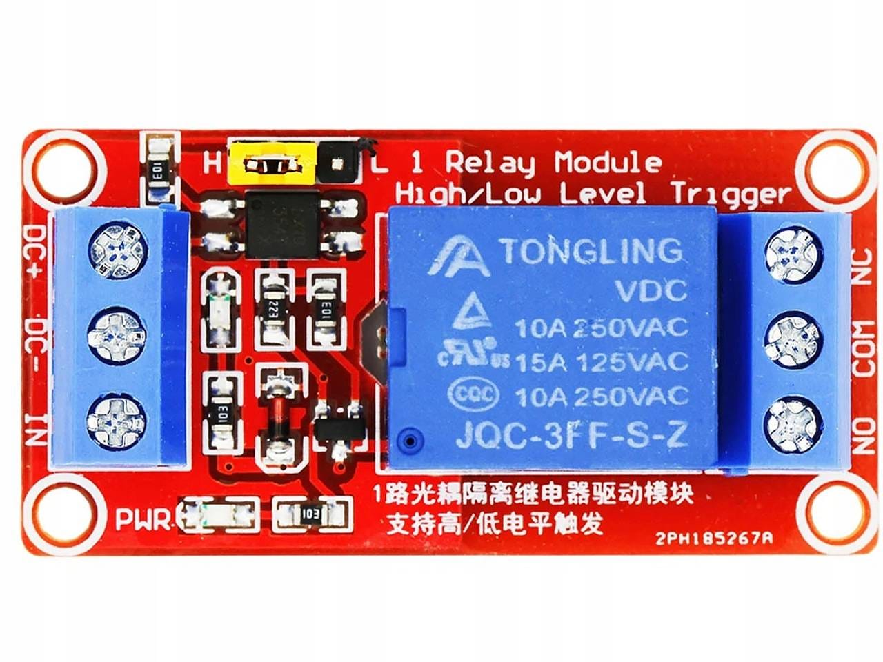 Egy piros, 1-csatornás, optocsatolt relé-modul 5 V tápfeszültséggel, állítható polaritású vezérléssel, mikrokontrolleres vezérléshez tervezve