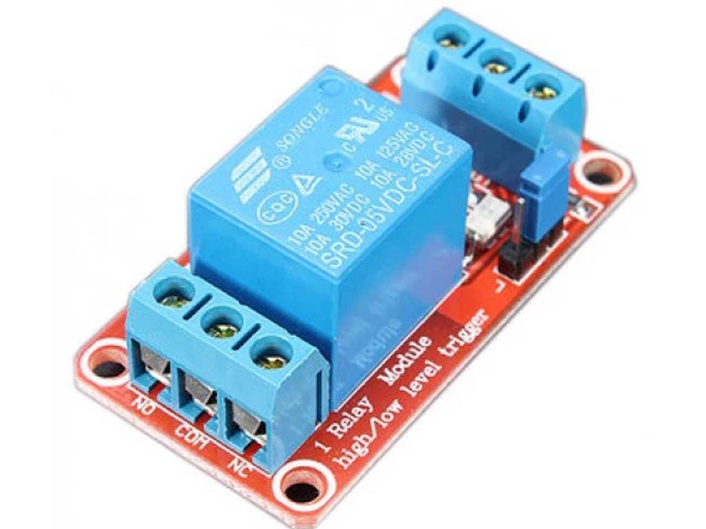 Egy piros, 1-csatornás, optocsatolt relé-modul 5 V tápfeszültséggel, állítható polaritású vezérléssel, mikrokontrolleres vezérléshez tervezve
