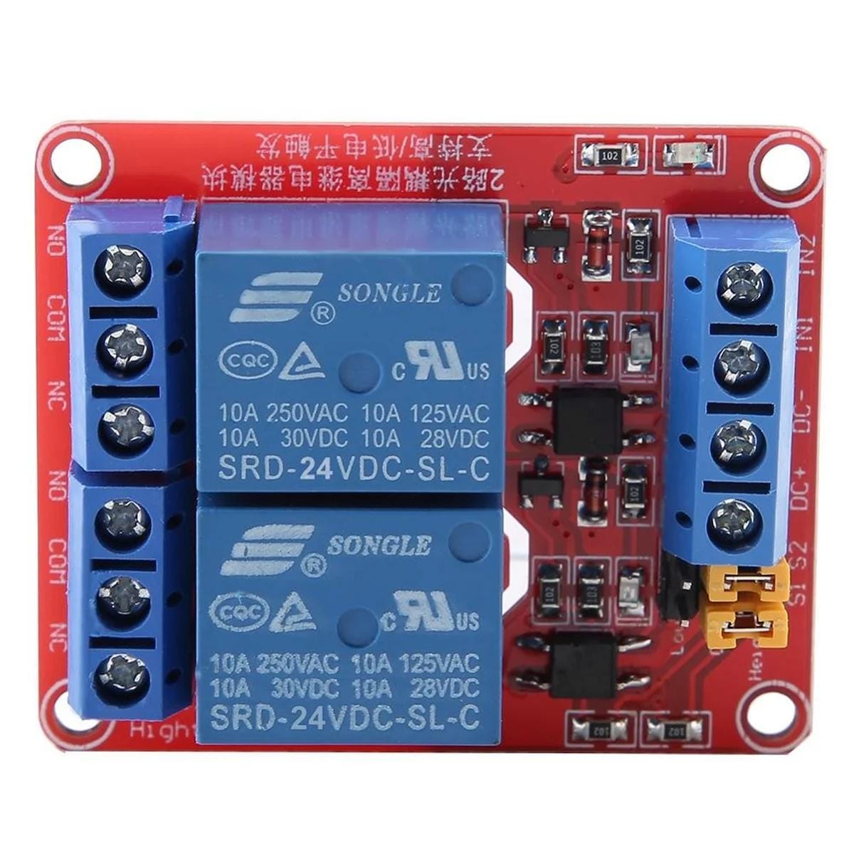 Felülnézetű kétcsatornás relémodul két Songle SRD-24VDC-SL-C relével, NO-COM-NC kimeneti sorkapcsokkal, DC táp- és bemeneti csatlakozóval, jumperes beállítással és csatornánkénti vezérlőelektronikával mikrokontrolleres kapcsolásokhoz.