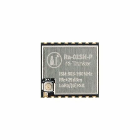 LoRa SX1262 alapú RF kommunikációs modul fém árnyékolással, SMD kialakítással és antenna csatlakozási ponttal, vezeték nélküli adatátvitelhez fejlesztett elektronikai projektekhez.