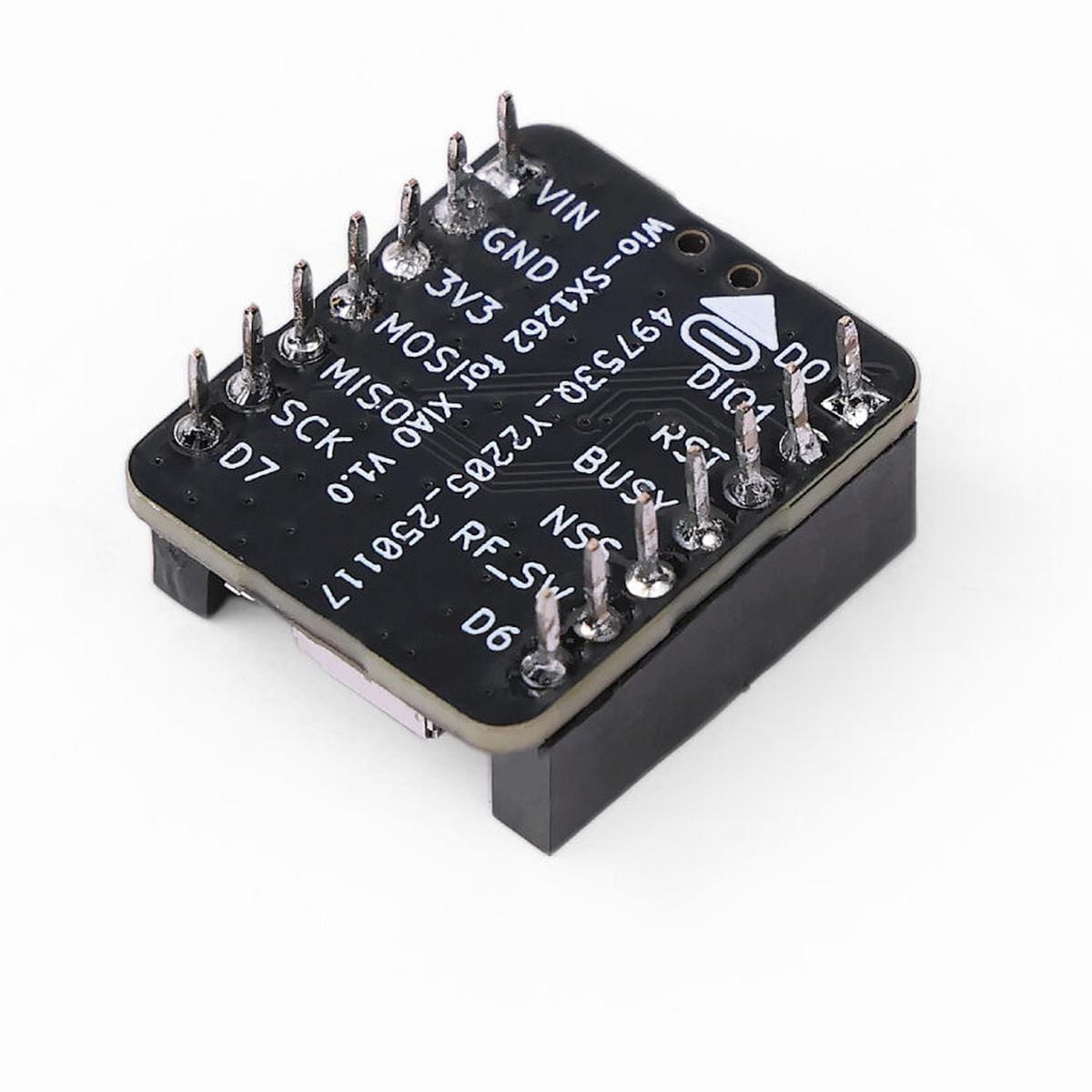 Wio-SX1262 hátoldali panel feliratozott csatlakozási pontokkal, köztük VIN, GND, 3V3, MOSI, MISO, SCK, DIO1, RST, BUSY, NSS és RF_SW jelekkel.