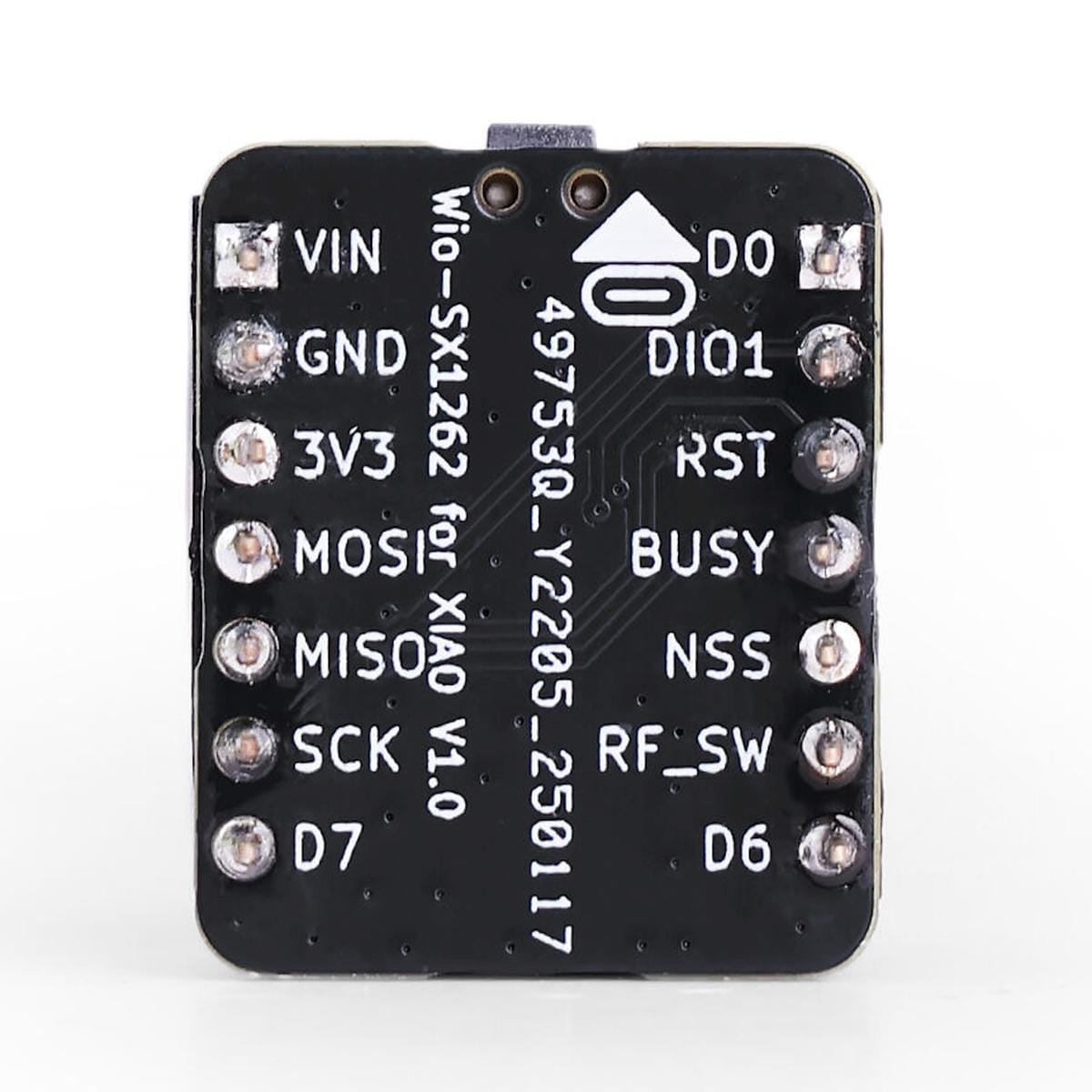 Wio-SX1262 modul hátoldala forrasztott tüskékkel, VIN, GND, 3V3, MOSI, MISO, SCK, D7, D6, DIO1, RST, BUSY, NSS és RF_SW jelölésekkel.