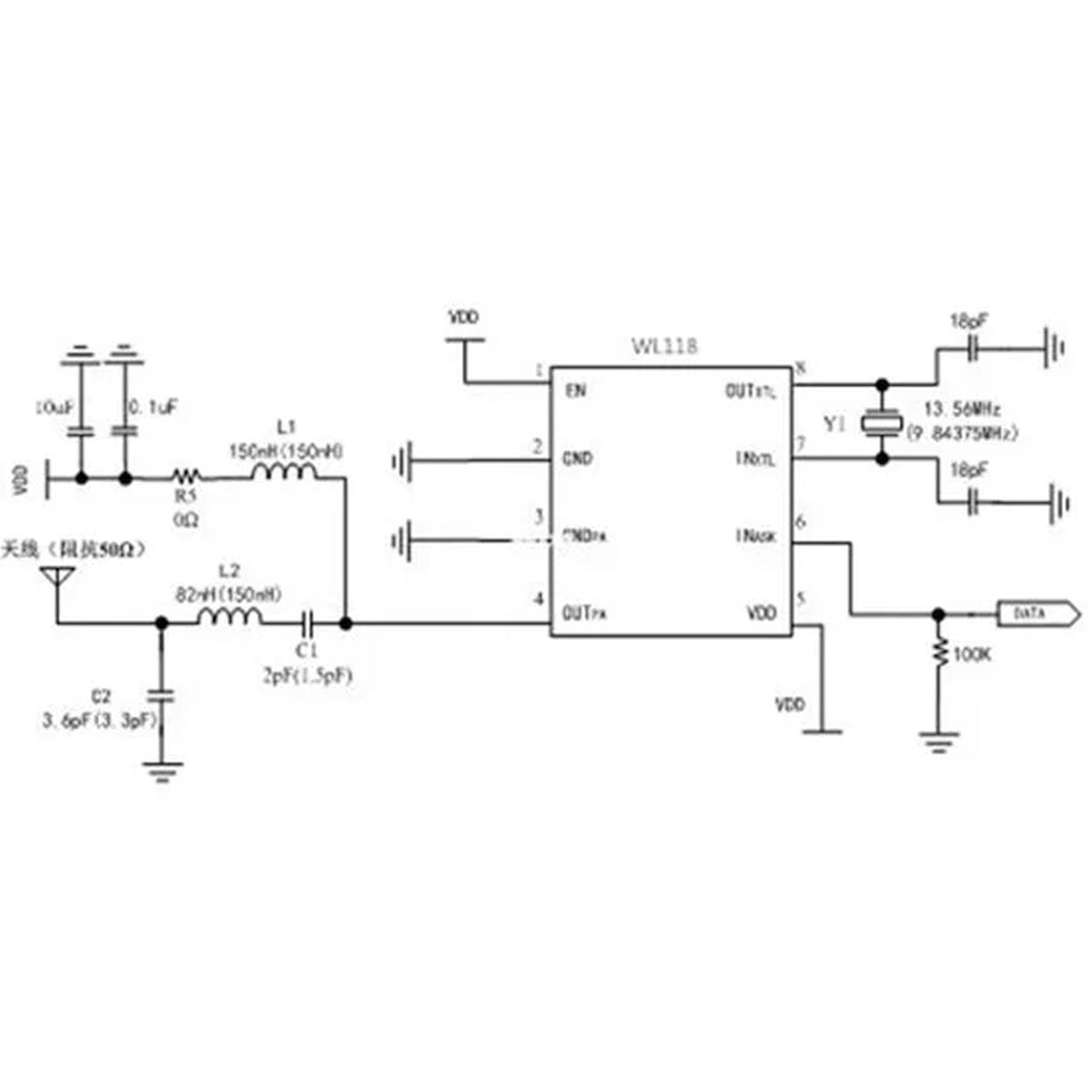 WL102 433 MHz-es adómodul hátoldala DAT, OUT, GND és táp jelölésekkel, ASK/OOK rádiós jelátvitel bekötéséhez, mikrokontrolleres vezérlés tervezéséhez, fehér alapon, nyilas magyarázattal és tüskesorral.