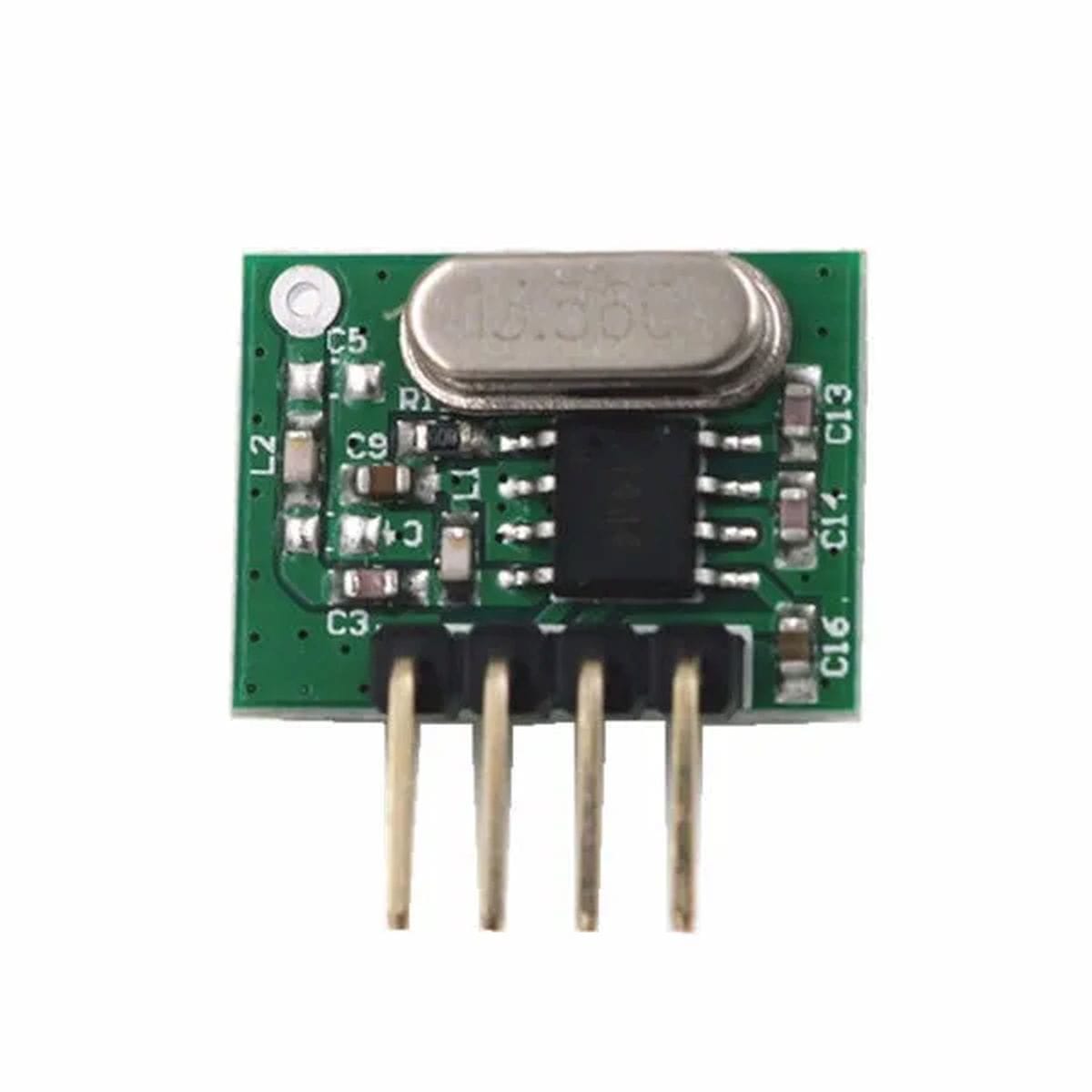 WL102 433 MHz RF adó hátoldali bekötési ábrája piros nyíllal, DAT jelbemenettel, táp- és antenna pontokkal, elektronikai prototípus építéséhez.