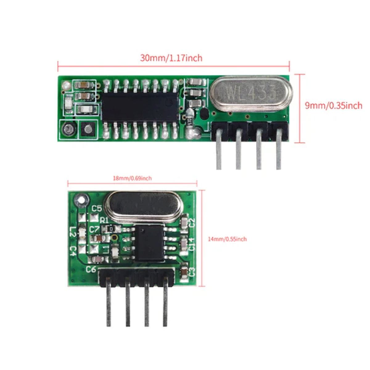 433 MHz-es RX470 vevőpanel méretadatokkal és pin funkciókkal, antenna, táp, adat kimenet és föld bekötéséhez, kezdő Arduino projektekhez.