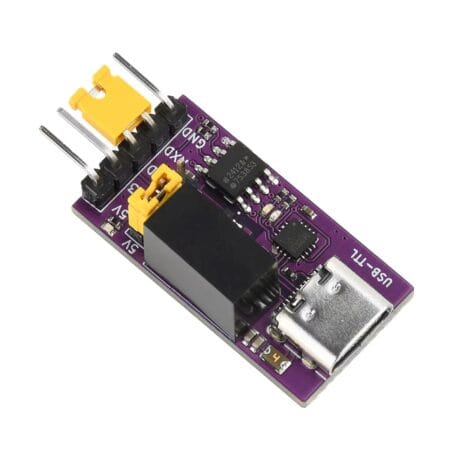 CH343 izolált USB–TTL konverter modul lila NYÁK lapon, USB-C csatlakozóval, 3.3V és 5V szintválasztó jumperrel, valamint TXD, RXD és GND tüskékkel Arduino, ESP32 és mikrokontrolleres soros kommunikációhoz.