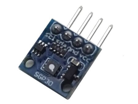 Kisméretű SGP30 légminőség-érzékelő modul, amely eCO2 és TVOC értékeket mér Arduino vagy ESP32 mikrokontrollerhez csatlakoztatva.