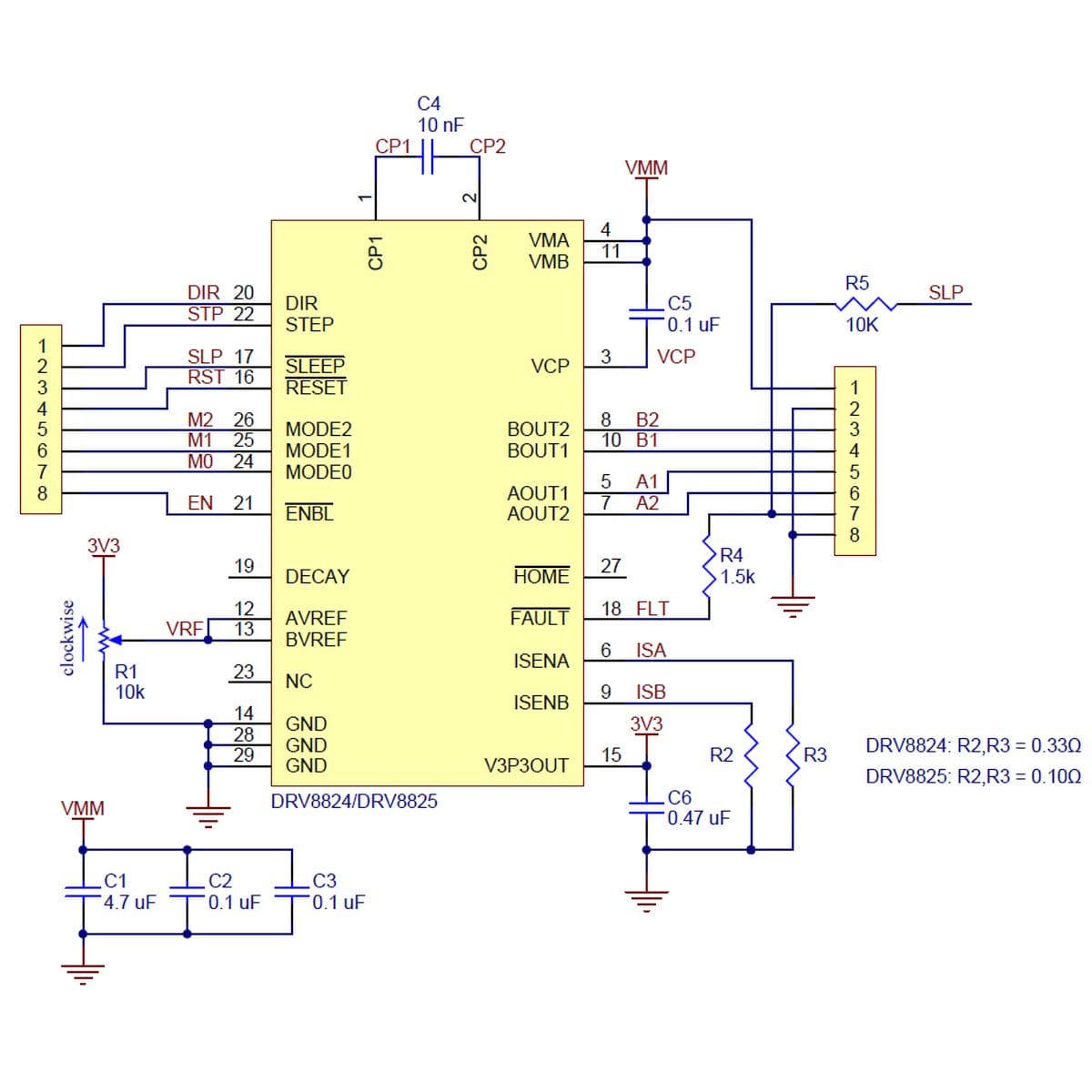 Lila DRV8825 léptetőmotor-vezérlő modul ferdén fotózva, központi IC-vel, állítópotméterrel és tüskesorral, CNC és robotikai mikrokontrolleres vezérléshez léptetőmotor projektekben pontos mozgásvezérléshez.