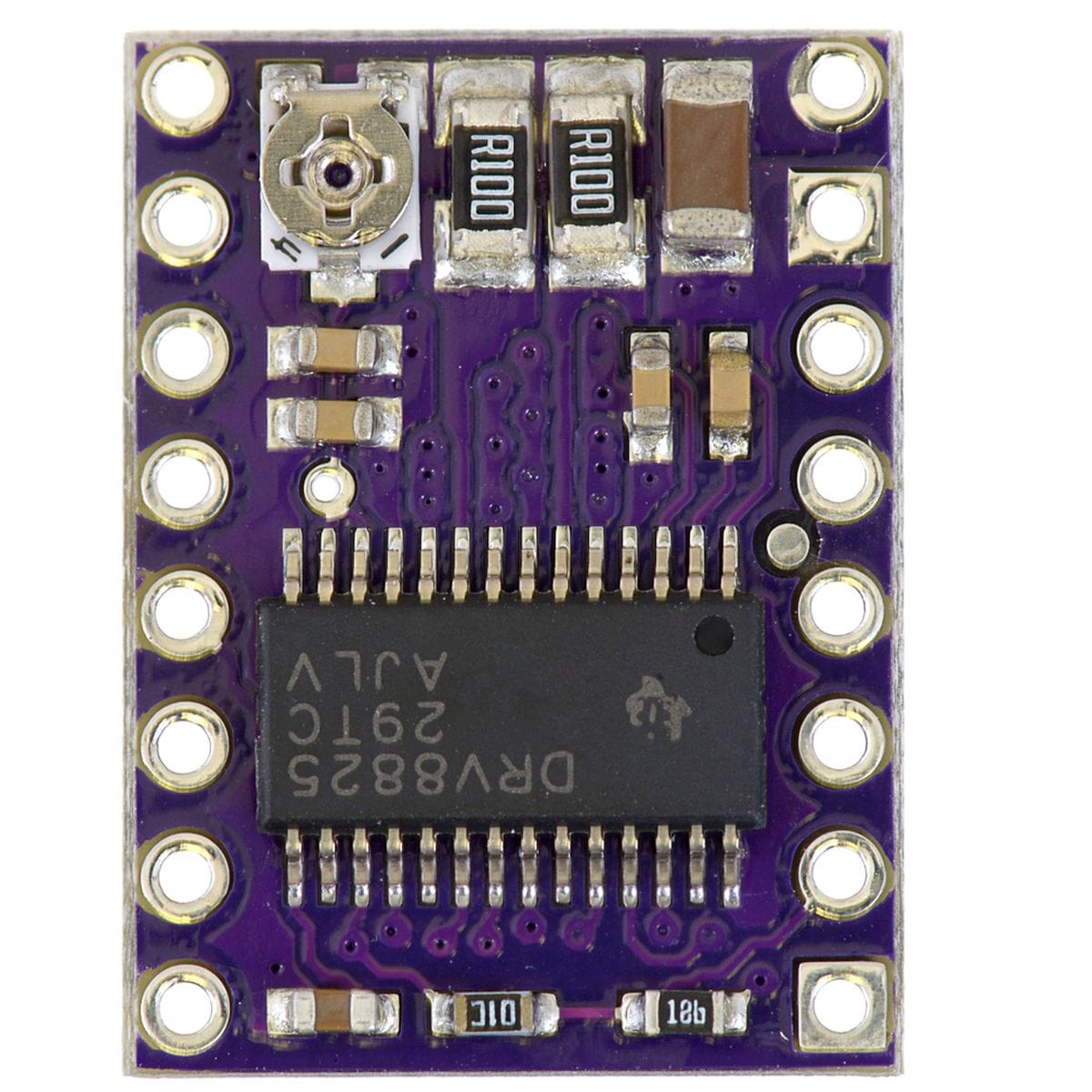 DRV8825 léptetőmotor meghajtó modul lila PCB-n, beforrasztott tüskesorral és állítópotméterrel, mikrokontrolleres motorvezérléshez robotikai és CNC feladatokhoz.