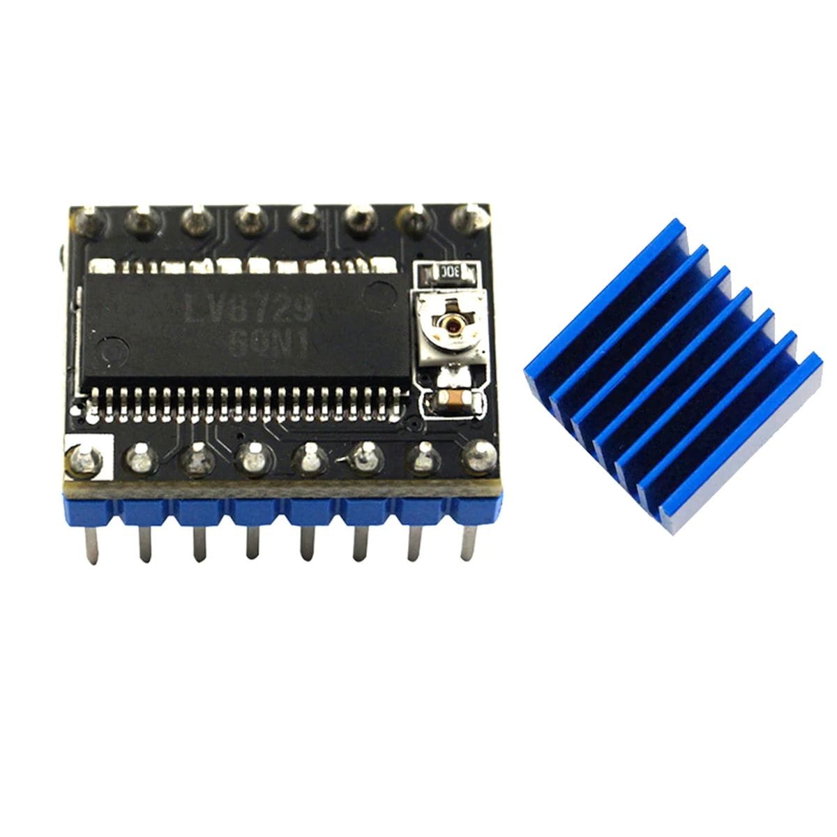 Fekete LV8729 léptetőmotor vezérlő modul kétoldali tüskesorral és külön hűtőbordával, Arduino és CNC projektekhez való mikrokontrolleres vezérléshez fehér háttéren, ferde nézetben.