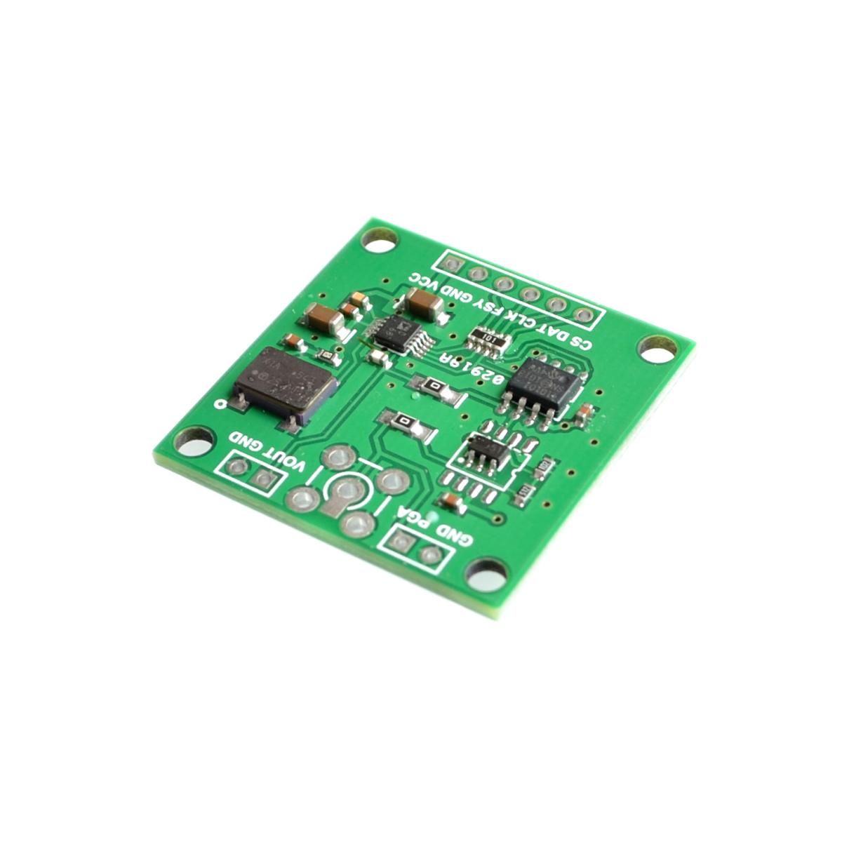 AD9833 jelgenerátor zöld panel alkatrészoldala SMA csatlakozó nélkül, VOUT, GND, PGA és digitális vezérlőpontokkal, oszcillátorral és felületszerelt integrált áramkörökkel.