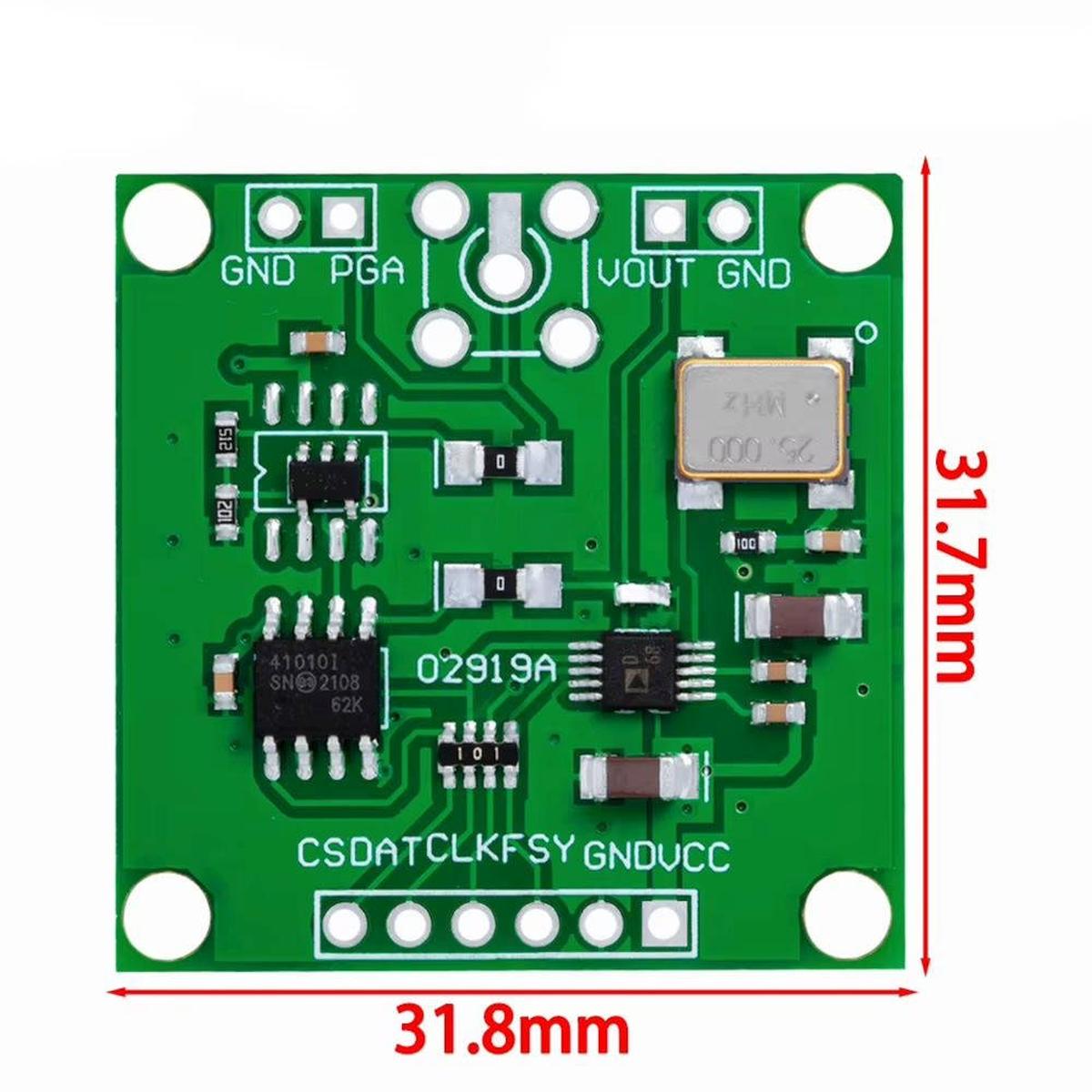 AD9833 jelgenerátor modul méretrajza 31,8 × 31,7 milliméteres panelmérettel, négy sarokfurattal, VOUT, GND, PGA és hattűs vezérlőcsatlakozási pontokkal.