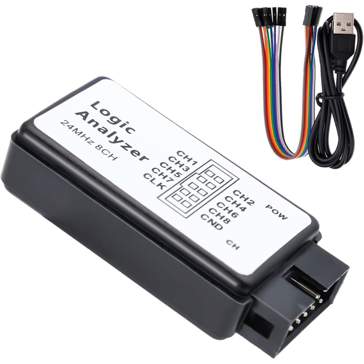 USB-s 8 csatornás logikai analizátor fekete házban, színes mérővezetékekkel, digitális jelvizsgálathoz és mikrokontrolleres hibakereséshez műhelyasztalon.