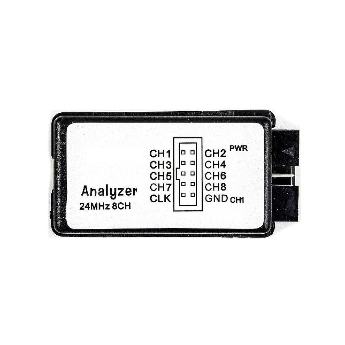 USB logikai analizátor fekete házban, CH csatornajelölésekkel és színes mérőkábelekkel, elektronikai prototípusok digitális jelvizsgálatához.