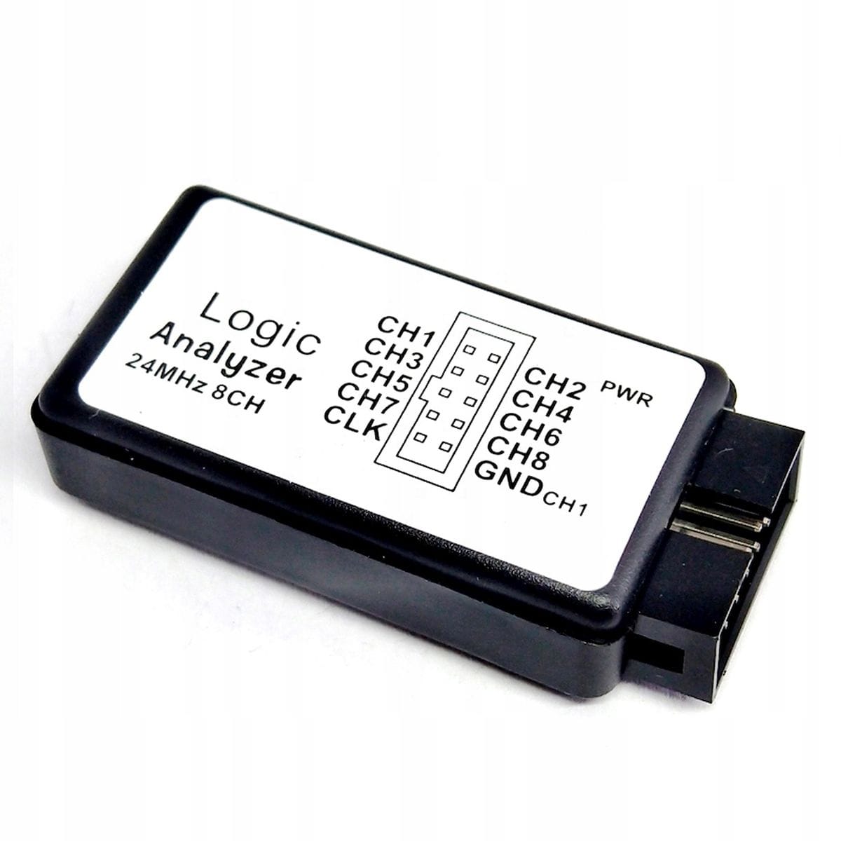 Fekete házas USB logikai analizátor színes csatlakozóvezetékekkel, CH jelölésű csatornákkal, Arduino és fejlesztőpanel hibakeresés támogatására.