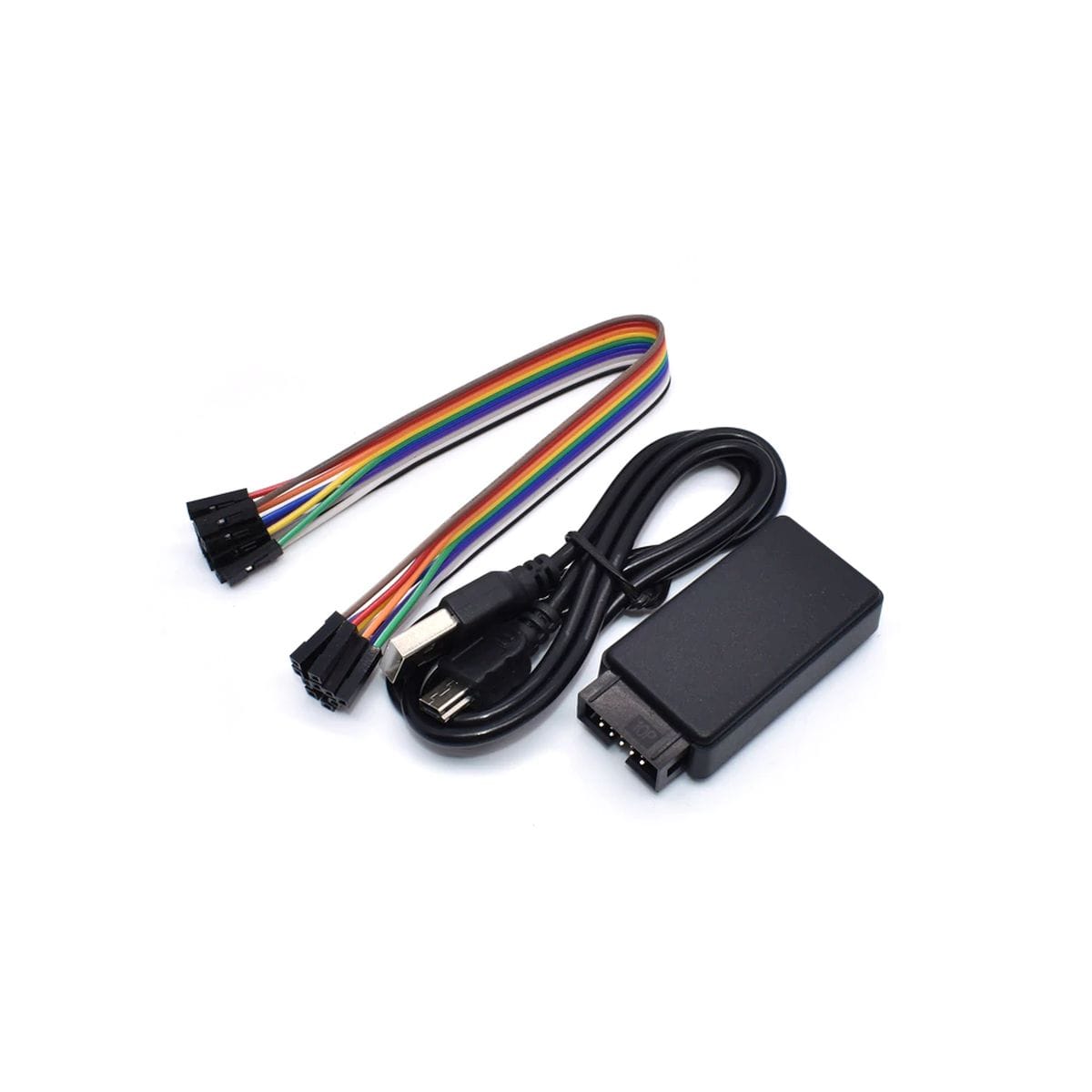 Kompakt logikai analizátor fekete házban, USB kábellel és színes mérővezetékekkel, digitális áramkörök hibakereséséhez.
