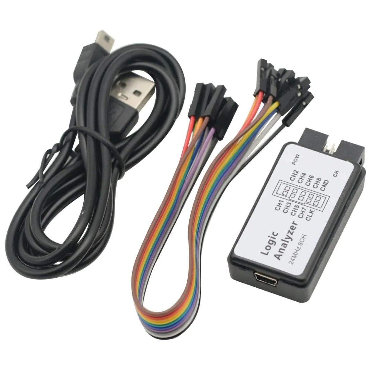 USB logikai analizátor színes mérőkábelekkel és CH feliratú bemenetekkel, mikrokontrolleres vezérlés digitális jeleinek ellenőrzésére.