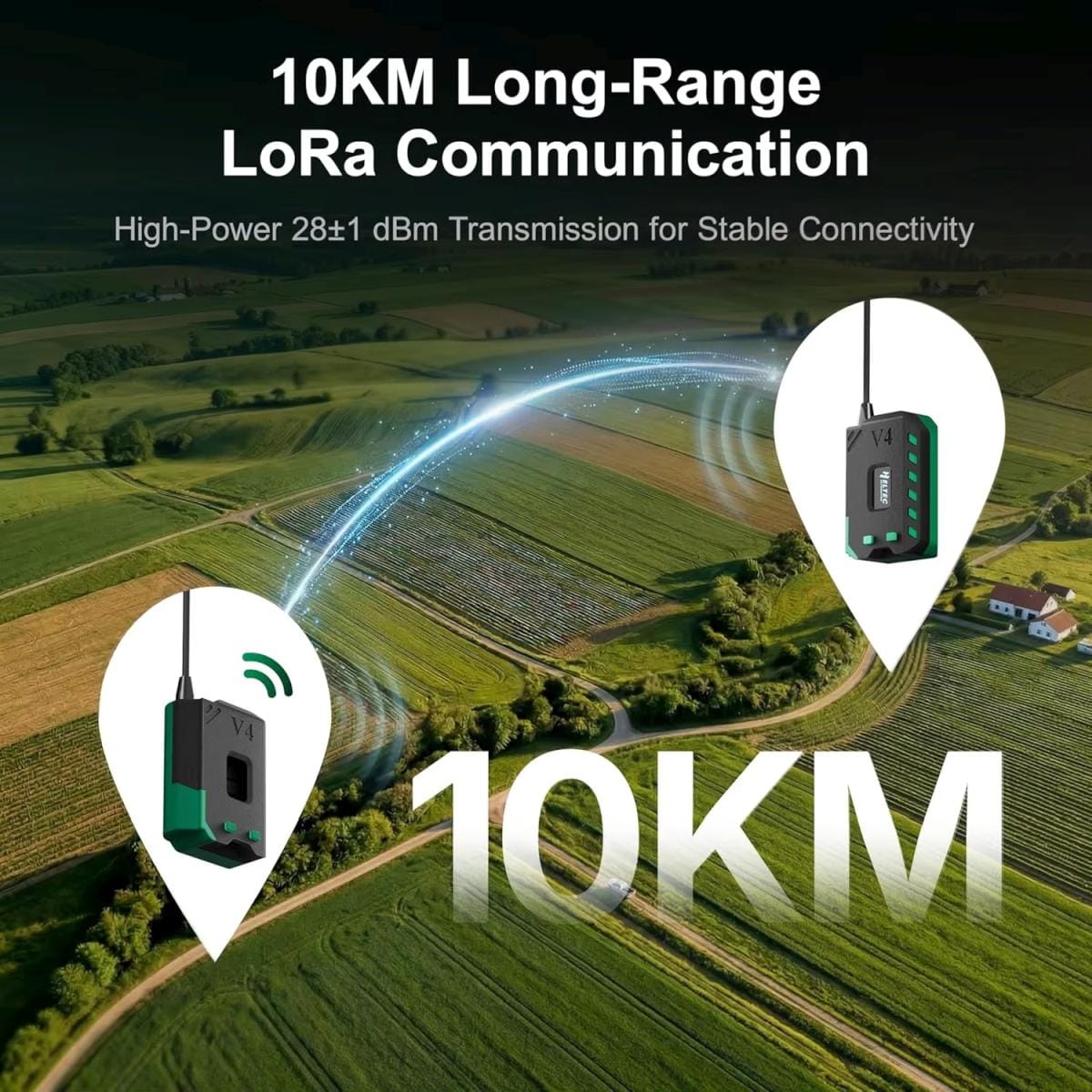 Tájképes grafika szemlélteti a Heltec V4 LoRa kapcsolatát két pont között, nagy méretű 10KM felirattal, így a hosszú hatótávú kommunikáció üzenete kerül előtérbe.