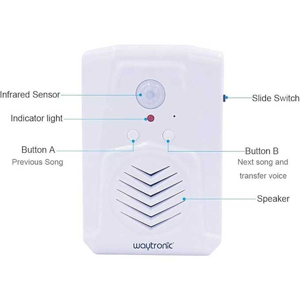 Fehér Waytronic WT-M12 mozgásérzékelős hanglejátszó PIR-szenzorral, két előlapi kezelőgombbal és beépített hangszóróval, automatikus üdvözlő, tájékoztató vagy figyelmeztető üzenetek megszólaltatására beltéri bejáratoknál, üzletekben, irodákban és bemutatóterekben.