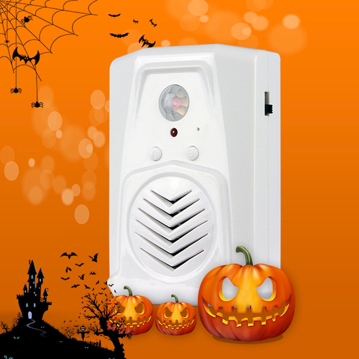 Waytronic WT-M12 PIR-érzékelős hangos bemondóegység fehér házban, két kezelőgombbal és beépített hangszóróval, mozgásra aktiválódó üzleti tájékoztatók és belépési jelzések lejátszására beltéri ügyfélforgalmi pontokon és kisebb műhelyekben.