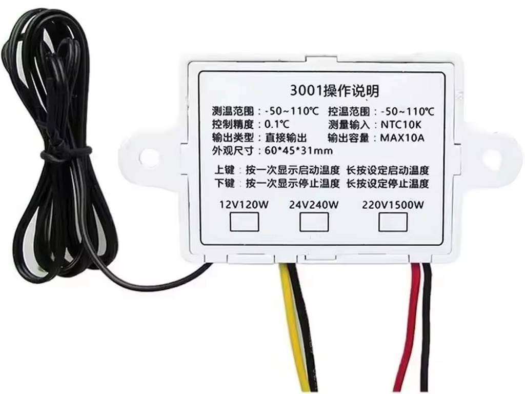 Digitális XH‑W3001 termosztát fehér házban, piros LED kijelzővel és külső NTC szondával