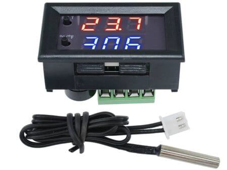 Digitális W1209WK DC 12V LED termosztátmodul NTC hőmérséklet-érzékelővel, intelligens hőmérséklet-szabályozáshoz. Panelbe szerelhető, tokozott és bepattintható kialakítású vezérlő Arduino és automatizálási rendszerekhez.