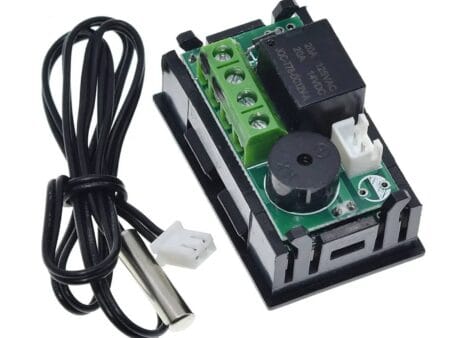 Digitális W1209WK DC 12V LED termosztátmodul NTC hőmérséklet-érzékelővel, intelligens hőmérséklet-szabályozáshoz. Panelbe szerelhető, tokozott és bepattintható kialakítású vezérlő Arduino és automatizálási rendszerekhez.