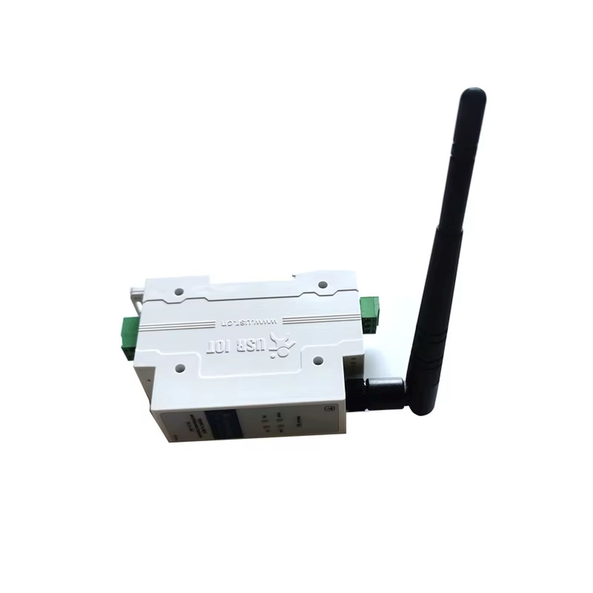 Előlapi nézetű USR-DR404 RS485 WiFi konverter fehér DIN-házzal, Reload gombbal, PWR Link RX TX jelzésekkel és ipari IoT hálózati használatra utaló csatlakozókkal, soros eszközök bekötéséhez.