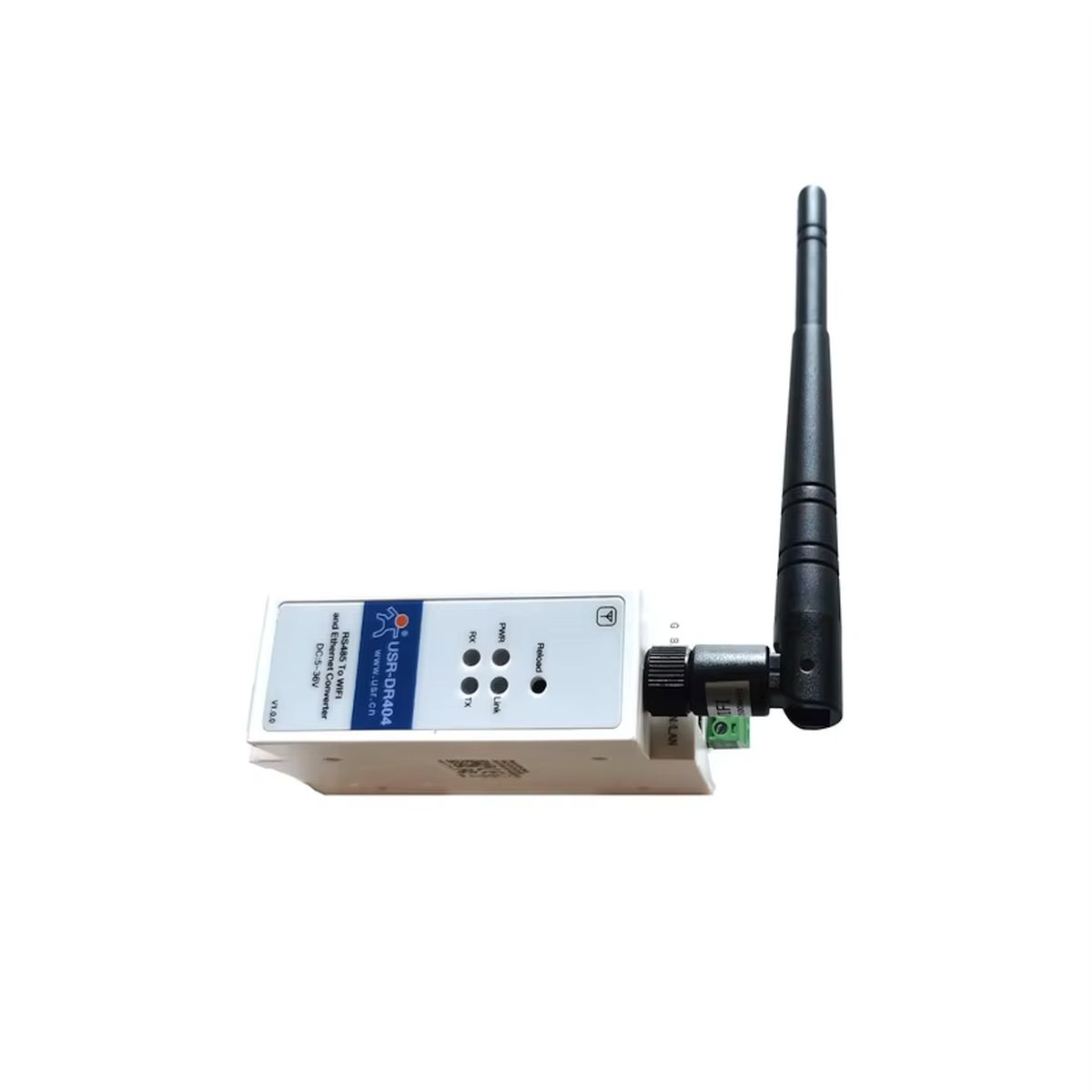 Kompakt PUSR DIN-sínes soros eszközszerver fehér házban, RS485 WiFi Ethernet konverzióhoz, zöld csatlakozókkal, állapotjelző LED-ekkel és ipari automatizálási felhasználáshoz, kapcsolószekrénybe illő keskeny kialakítással, műhelyi bemutatáshoz.