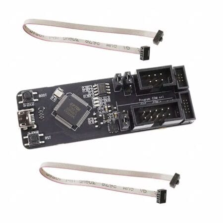 ESP-Prog programozó és JTAG hibakereső panel két szalagkábellel, FT2232HL jelölésű USB-híd IC-vel, BOOT és RST gombokkal, valamint több csatlakozóval ESP32 fejlesztéshez.