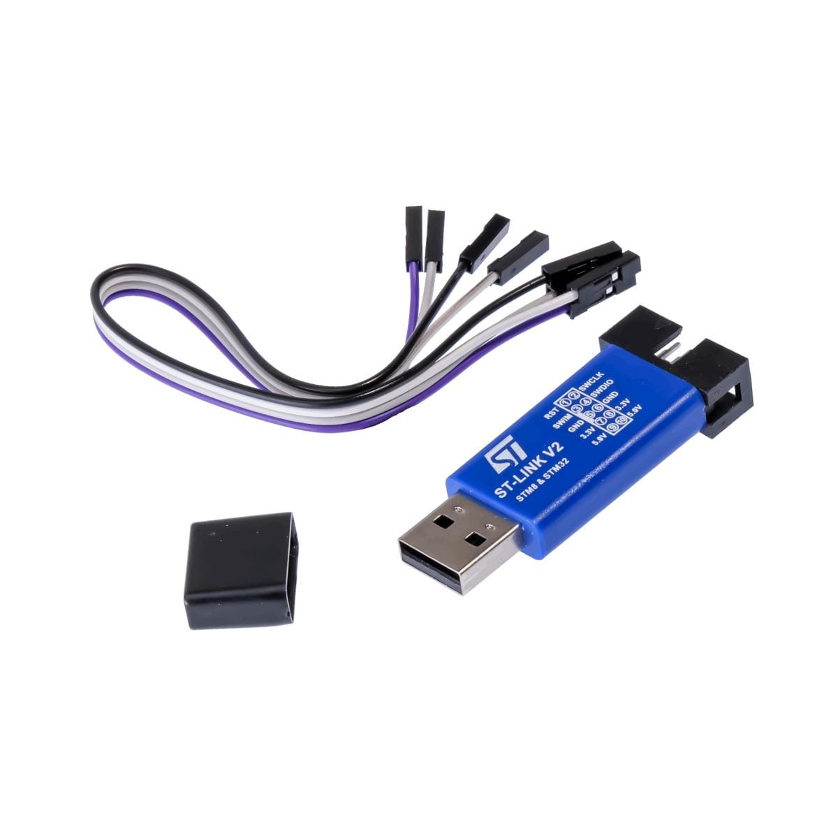 Kék ST-LINK V2 programozó és debugger USB csatlakozóval, több eres Dupont kábellel és védőkupakkal, STM8 és STM32 mikrokontrollerek programozásához, hibakereséséhez.