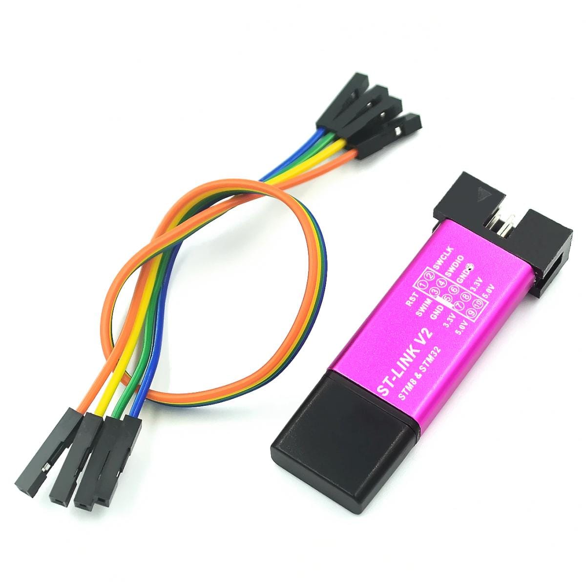 Lila ST-LINK V2 STM8 és STM32 programozó fekete védőkupakkal és színes Dupont kábelekkel, mikrokontrollerek firmware-feltöltéséhez, SWD és SWIM hibakeresési feladatokhoz.