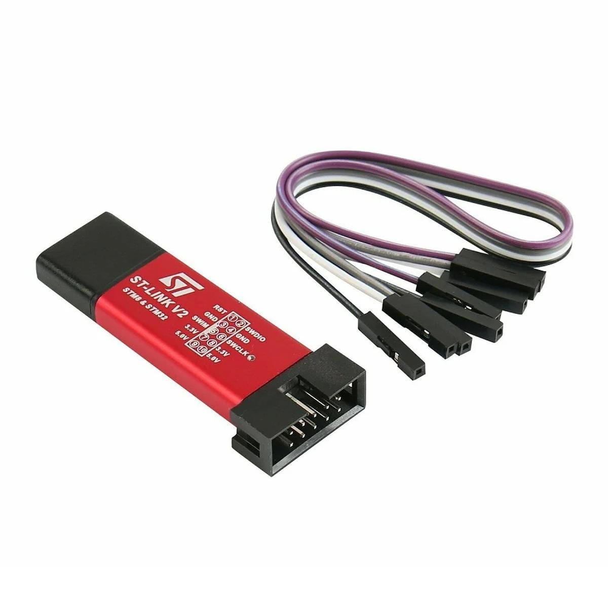 Piros ST-LINK V2 STM8 és STM32 debugger közelről, fekete programozócsatlakozóval, többeres Dupont kábellel és jól látható SWD, SWIM valamint tápjelölésekkel.