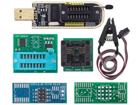 CH341A USB EEPROM és SPI Flash programozó készlet adapterekkel és csipeszes csatlakozóval