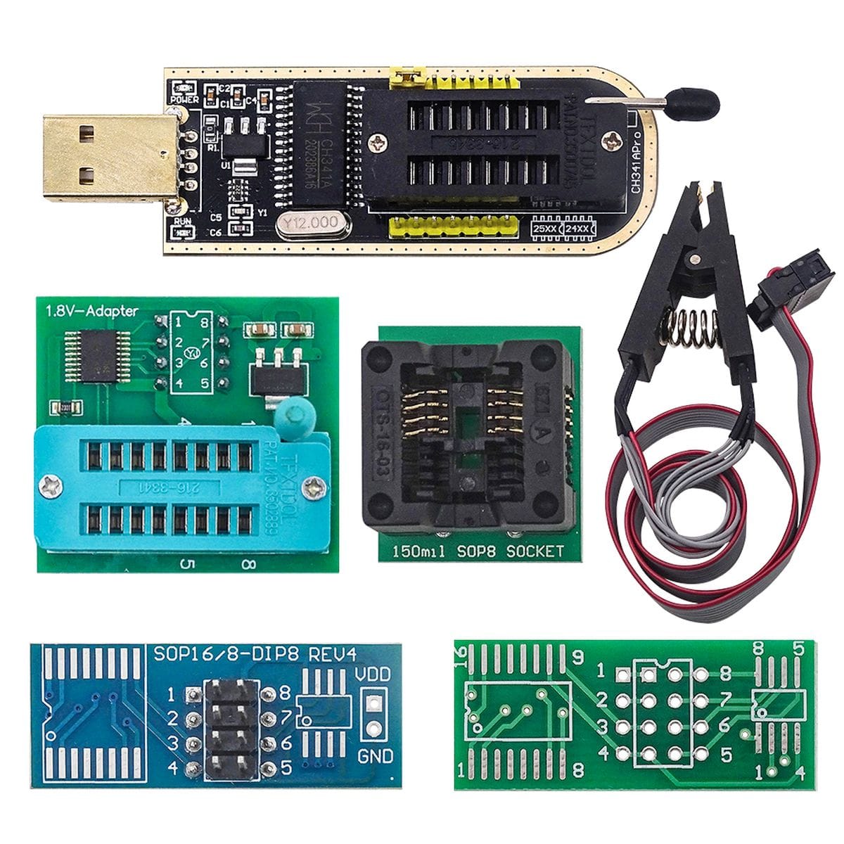 Fekete CH341A USB EEPROM programozó ZIF foglalattal, állítókaros chiptartóval és tüskesorokkal, 24xx EEPROM és 25xx SPI Flash memóriák számítógépes olvasásához, írásához vagy javításához.