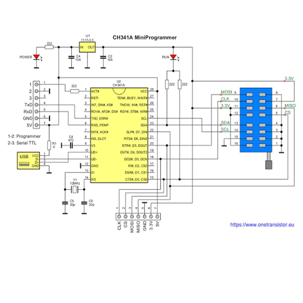 USB-A csatlakozóval szerelt CH341A memória-programozó fekete panelen, középen ZIF chipfoglalattal, jobb oldali karral, 24xx és 25xx EEPROM vagy Flash áramkörök kezeléséhez számítógépes javítási feladatok során.