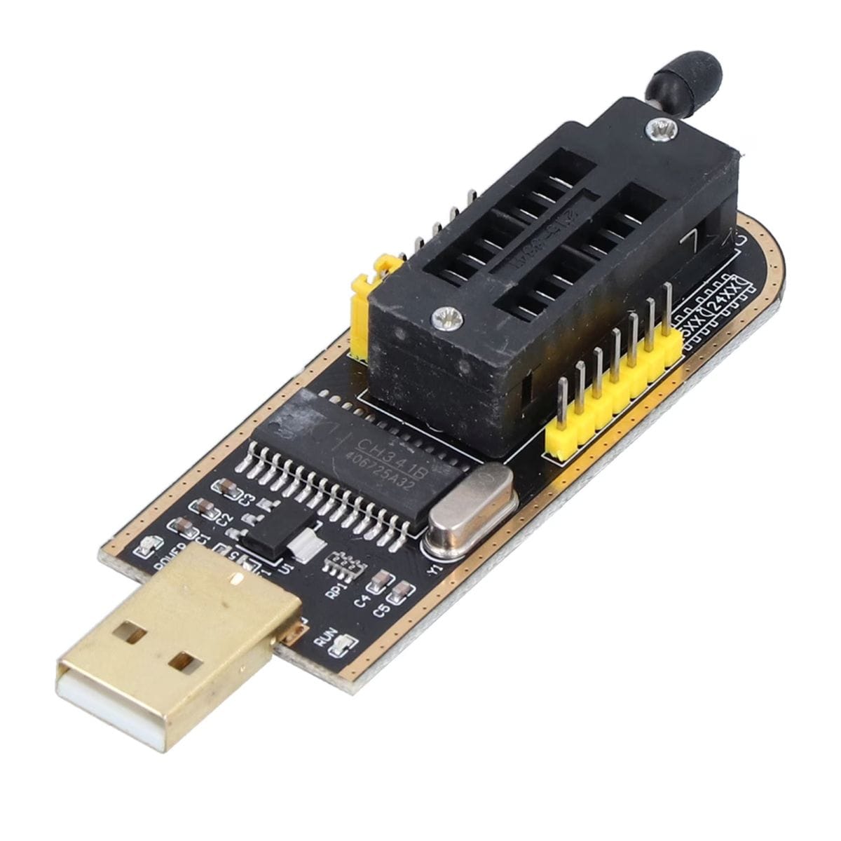 Keskeny fekete CH341A programozómodul USB-A csatlakozóval, ZIF foglalattal és kézi rögzítőkarral, 24xx EEPROM valamint 25xx Flash chipek olvasására és újraírására számítógépes szervizmunka és fejlesztés közben.