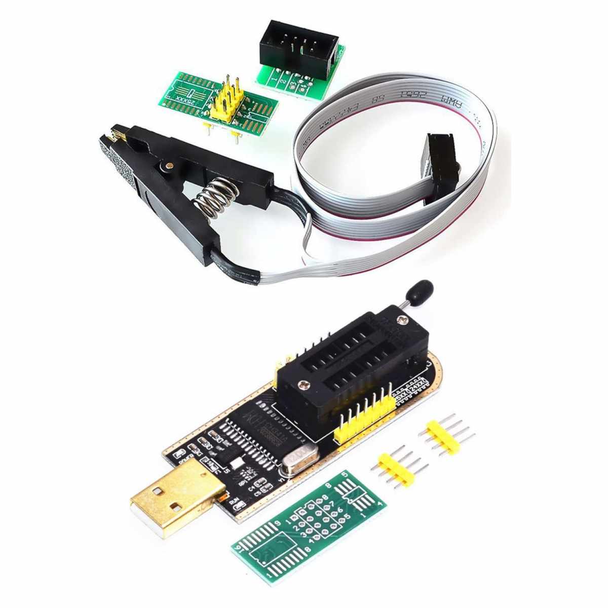 CH341A memória programozó készlet csipesszel és USB csatlakozással, otthoni javításhoz.
