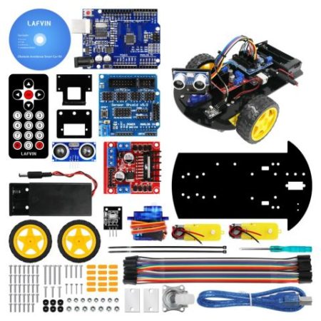 Kétkerekű, Arduino-kompatibilis LAFVIN Smart Robot Car építőkészlet ultrahangos és vonalkövető szenzorokkal.