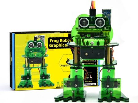 A Keyestudio Béka Robot egy Arduino-alapú oktatási robot, amelyet grafikus programozással lehet vezérelni, Bluetooth modullal és szenzorokkal felszerelve. AI és STEM tanuláshoz ideális.