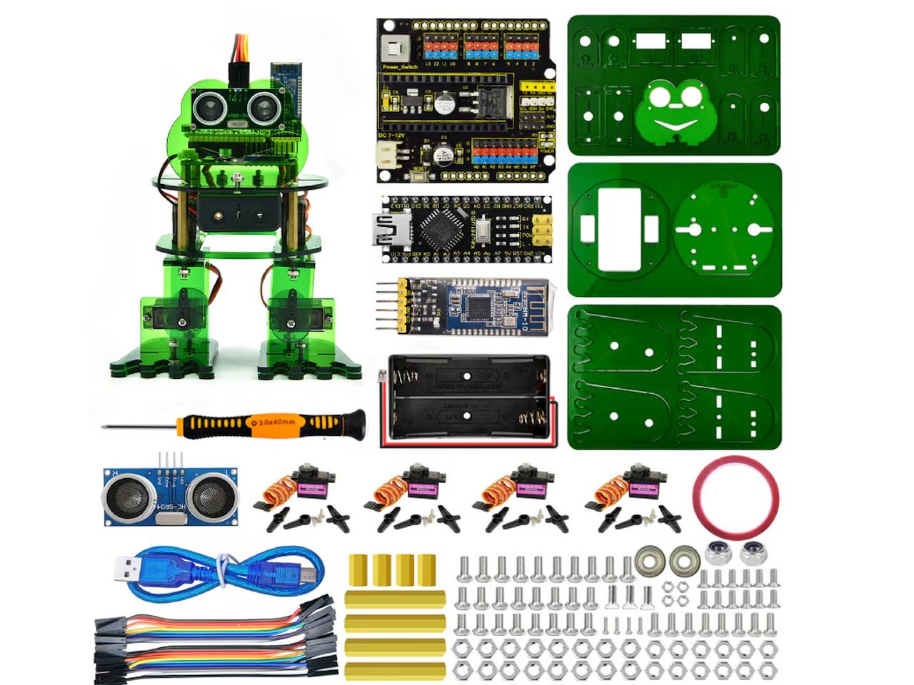 A Keyestudio Béka Robot egy Arduino-alapú oktatási robot, amelyet grafikus programozással lehet vezérelni, Bluetooth modullal és szenzorokkal felszerelve. AI és STEM tanuláshoz ideális.