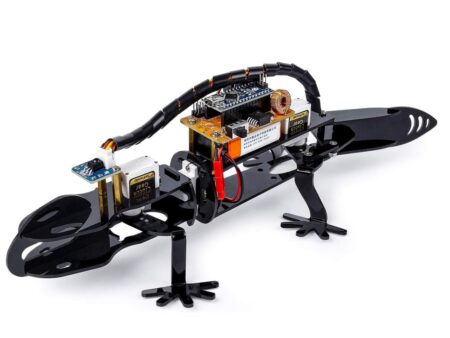 Egy Arduino-alapú, bionikus robotgyík, szervókkal, távirányítóval és mikrokontrolleres vezérléssel, oktatási célokra. AI-robotika és STEM tanulási környezet.