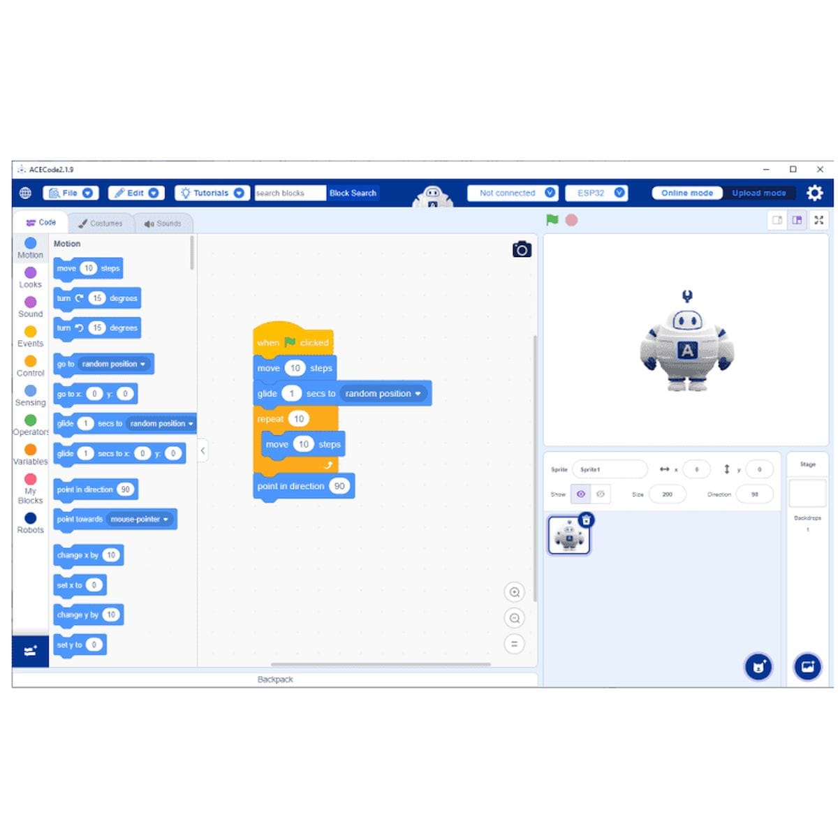 Színes programblokkokból álló ACECode projekt jelenik meg számítógépes felületen, mozgásparancsokkal, ismétlési ciklussal, ESP32 eszközválasztással és robotkarakteres futtatási területtel.