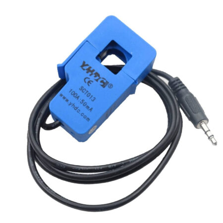 SCT-013 0–100A AC áramváltó szenzor fekete kábellel és 3,5 mm-es jack csatlakozóval, váltakozó áram érintésmentes méréséhez Arduino, ESP32 és energiafigyelő projektekhez.