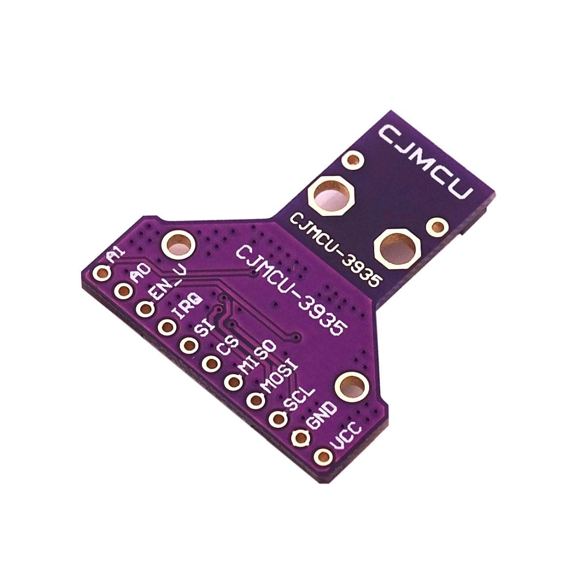 CJMCU-3935 AS3935 villámérzékelő modul hátoldala lila nyákon, feliratozott A0, A1, IRQ, SPI és I2C csatlakozópontokkal mikrokontrolleres bekötéshez.