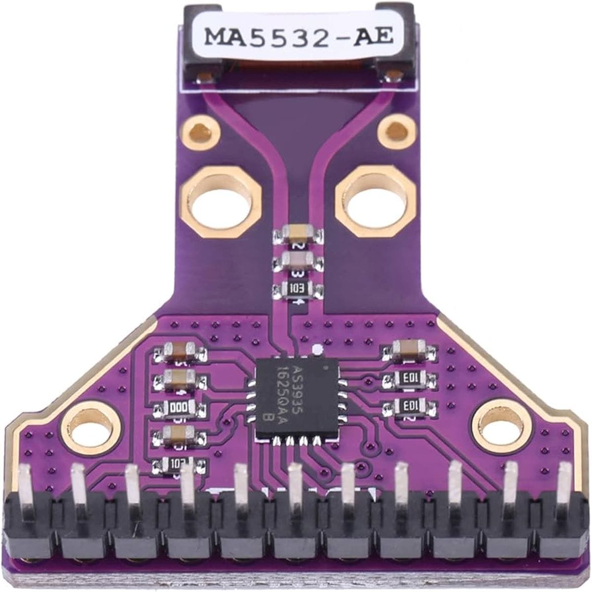 Lila CJMCU-3935 AS3935 villámlásdetektor modul ferdén, MA5532-AE antennával, központi IC-vel és aranyozott forrszemekkel fehér háttéren, Arduino időjárásállomás építéséhez használható szenzoros áramkörként.
