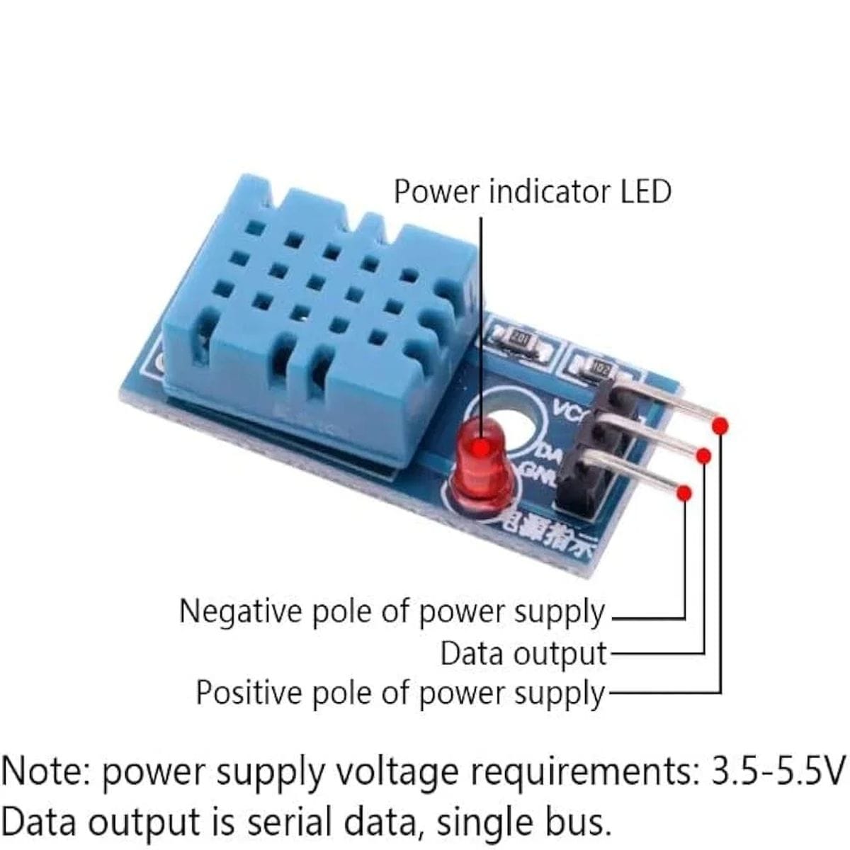 Kék DHT11 szenzor modul sötét panelen, három fehér csatlakozótűvel, piros LED-del és Arduino kompatibilis páratartalom méréshez használható kialakítással.