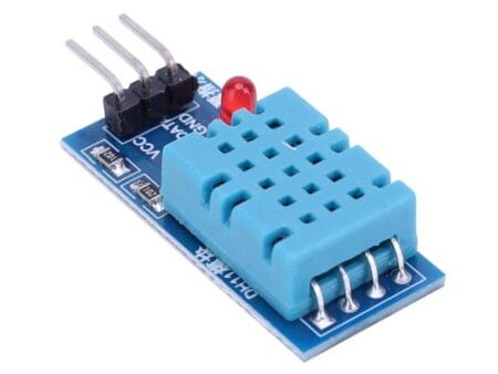 Egy DHT11 digitális hőmérséklet- és páratartalom-érzékelő modul közelről, háromlábú csatlakozóval, mikrokontrolleres projektekhez, Arduino-kompatibilitással.