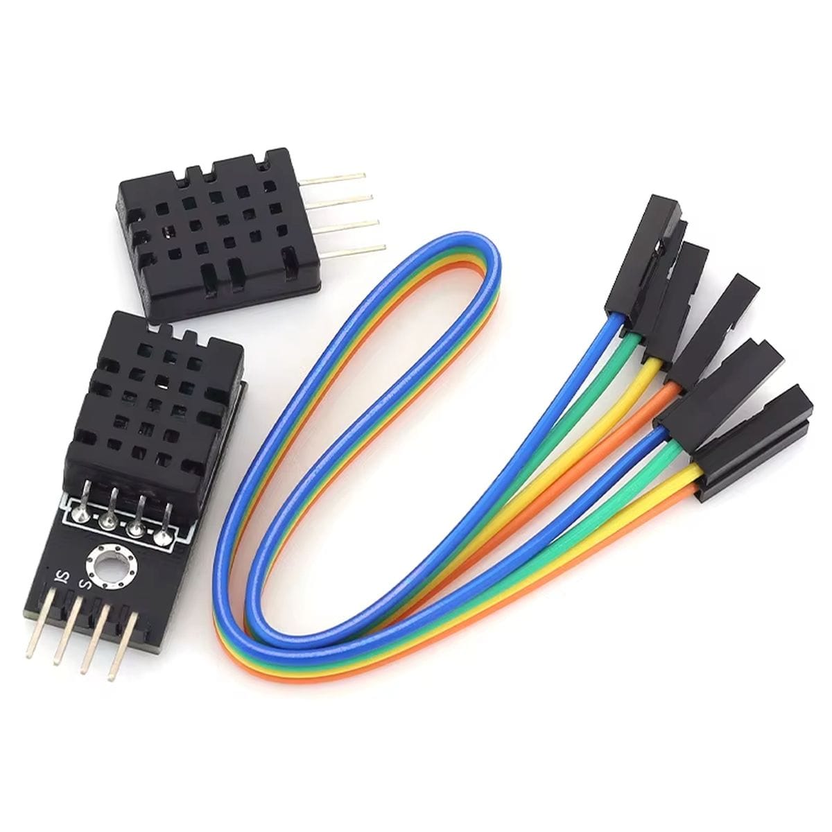 DHT20 környezeti érzékelő modul fekete szenzorházzal és csatlakozási pontokkal, elektronikai prototípus breadboardon történő bekötéséhez.