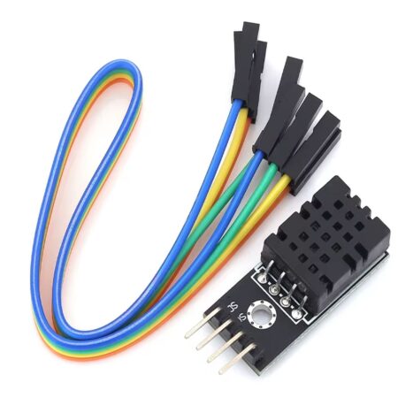 DHT20 digitális érzékelő modul kis fekete panelen, tüskesorral és csatlakozóval, Arduino alapú hőmérséklet- és páratartalom-méréshez mikrokontrolleres projektekben.